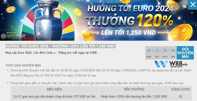 Tiền thưởng từ khuyến mãi hướng tới euro 2024 tại w88