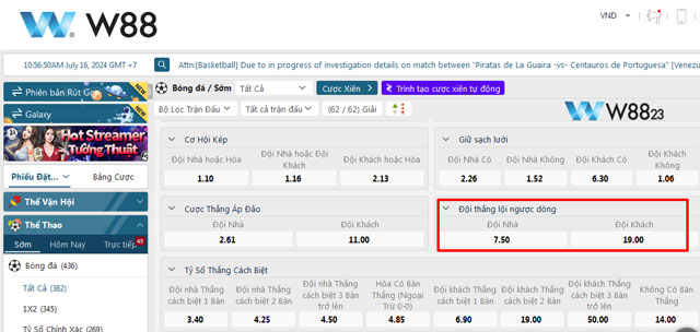 Bảng kèo đội thắng lội ngược dòng tại W88