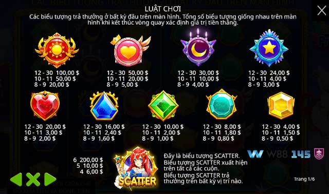 Các biểu tượng trong game slot Công Chúa Ánh Sáng W88