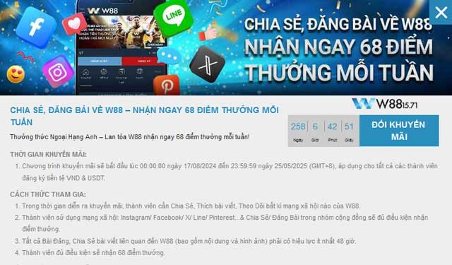 Những điều cần biết về chương trình Nhận Ngay 68 Điểm Thưởng Khi Đăng Bài Về W88