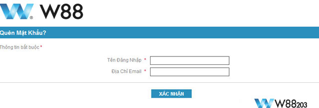 Điền các thông tin cần thiết để đặt lại pass khi quên mật khẩu W88