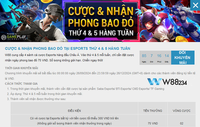 Thông tin về chương trình Thưởng 75 VND Không Giới Hạn Tại Esports W88