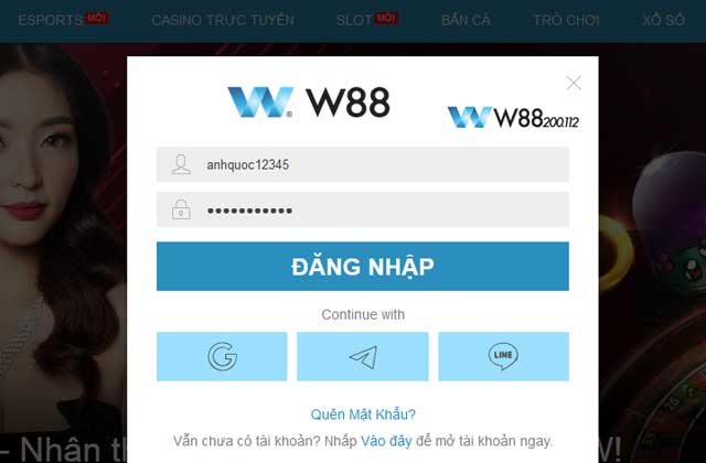 Đăng nhập hoặc tạo tài khoản nhà cái W88